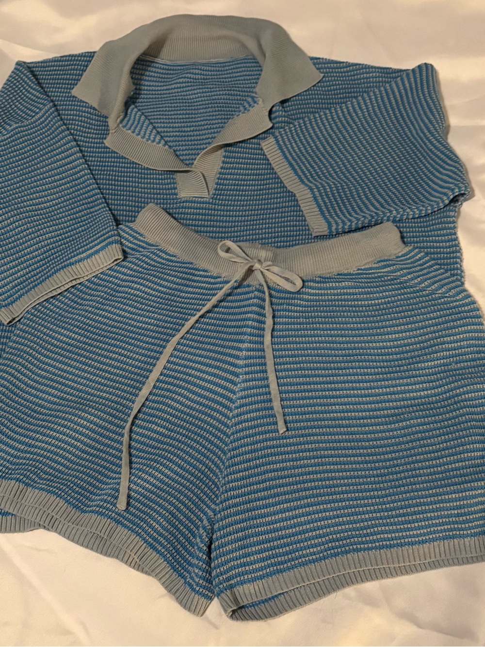 Light Blue Striped Knit Shorts Set